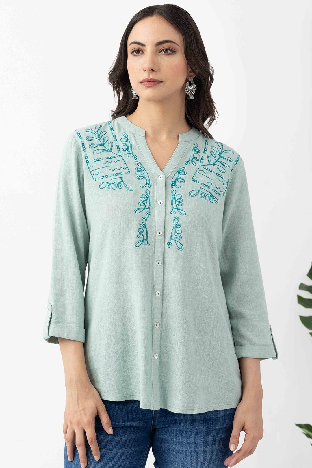 Mint Blue Viscose Linen Shirt with Regular Fit