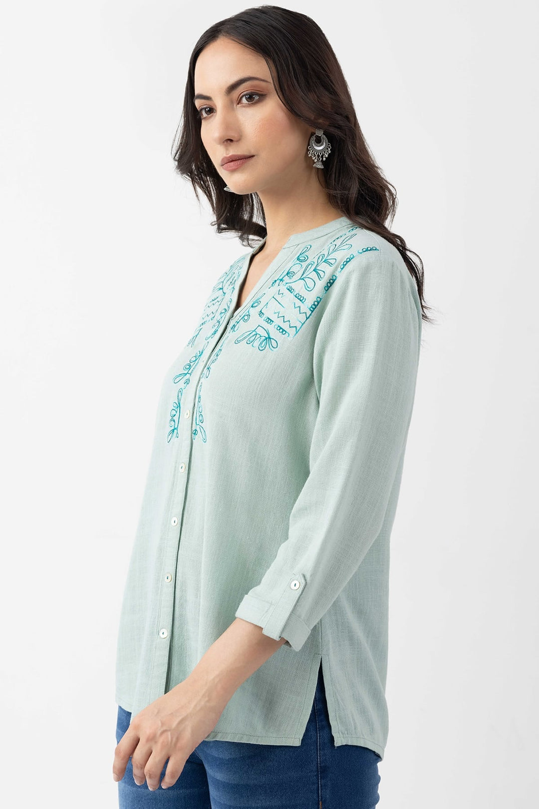 Mint Blue Viscose Linen Shirt with Regular Fit