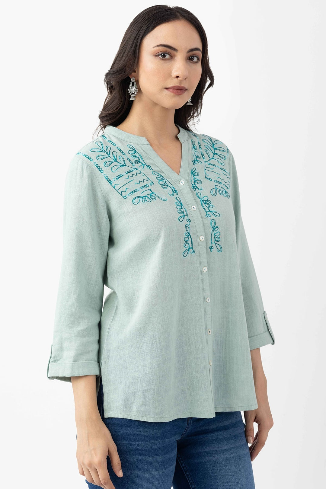 Mint Blue Viscose Linen Shirt with Regular Fit