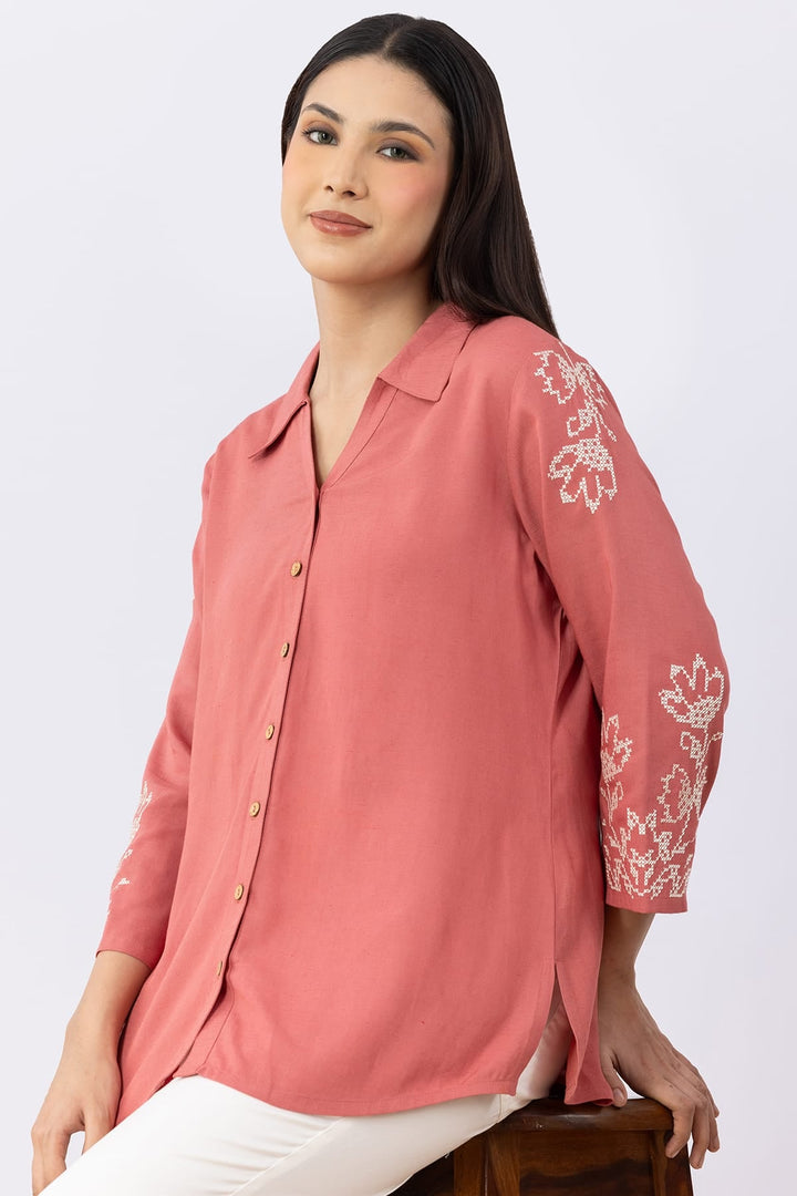 Coral Embroidered Viscose Linen Shirt with Collar &amp; 3/4 Sleeves