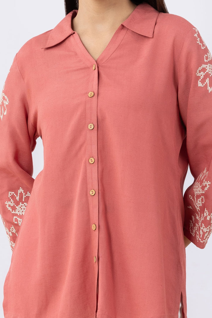 Coral Embroidered Viscose Linen Shirt with Collar &amp; 3/4 Sleeves