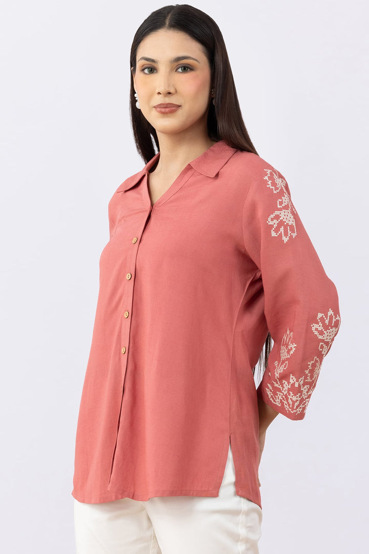 Coral Embroidered Viscose Linen Shirt with Collar &amp; 3/4 Sleeves