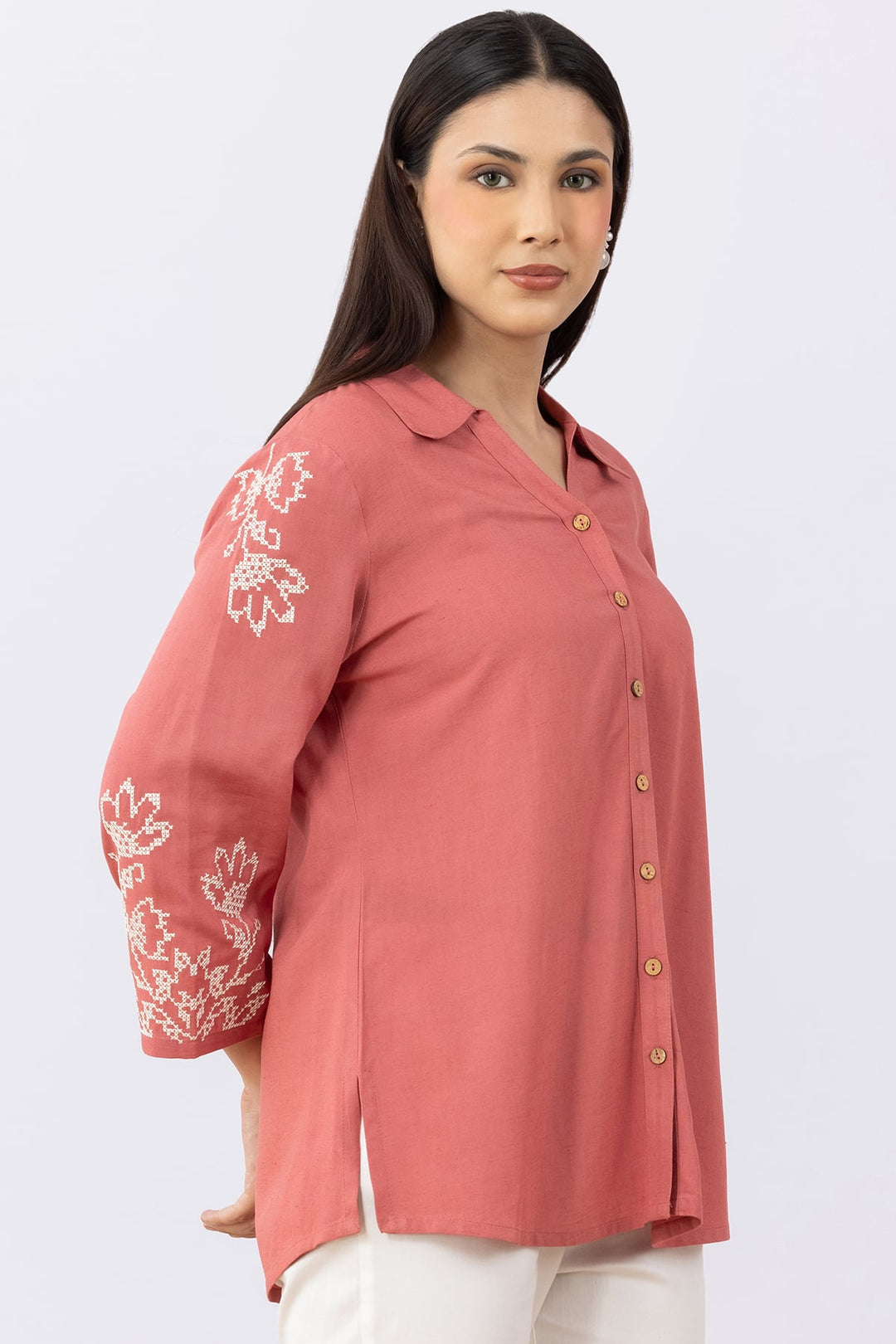 Coral Embroidered Viscose Linen Shirt with Collar &amp; 3/4 Sleeves