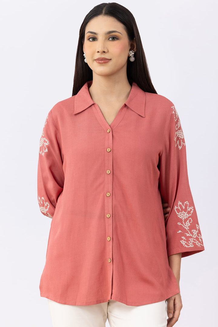 Coral Embroidered Viscose Linen Shirt with Collar &amp; 3/4 Sleeves