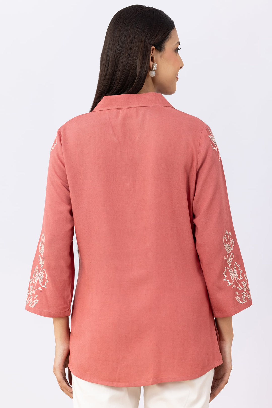 Coral Embroidered Viscose Linen Shirt with Collar &amp; 3/4 Sleeves
