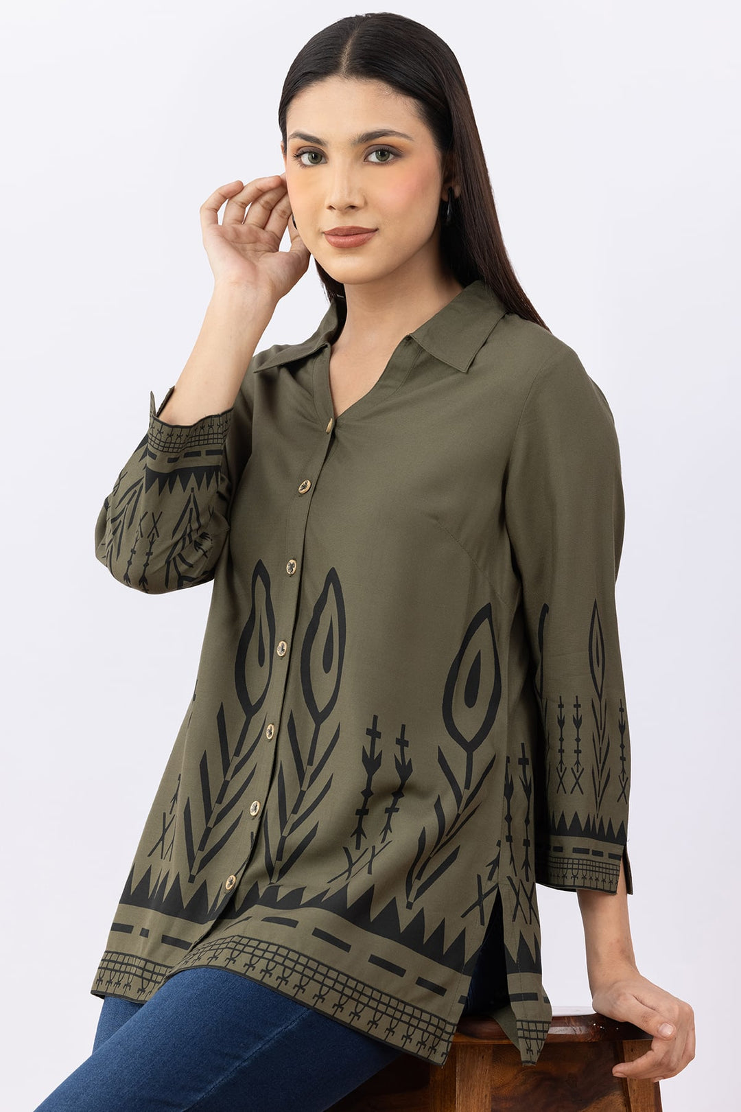 Olive Printed Viscose Shirt with Collar &amp; 3/4 Sleeves