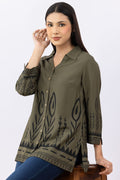 Olive Printed Viscose Shirt with Collar & 3/4 Sleeves
