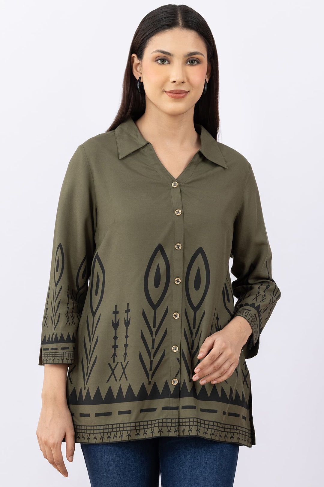 Olive Printed Viscose Shirt with Collar &amp; 3/4 Sleeves