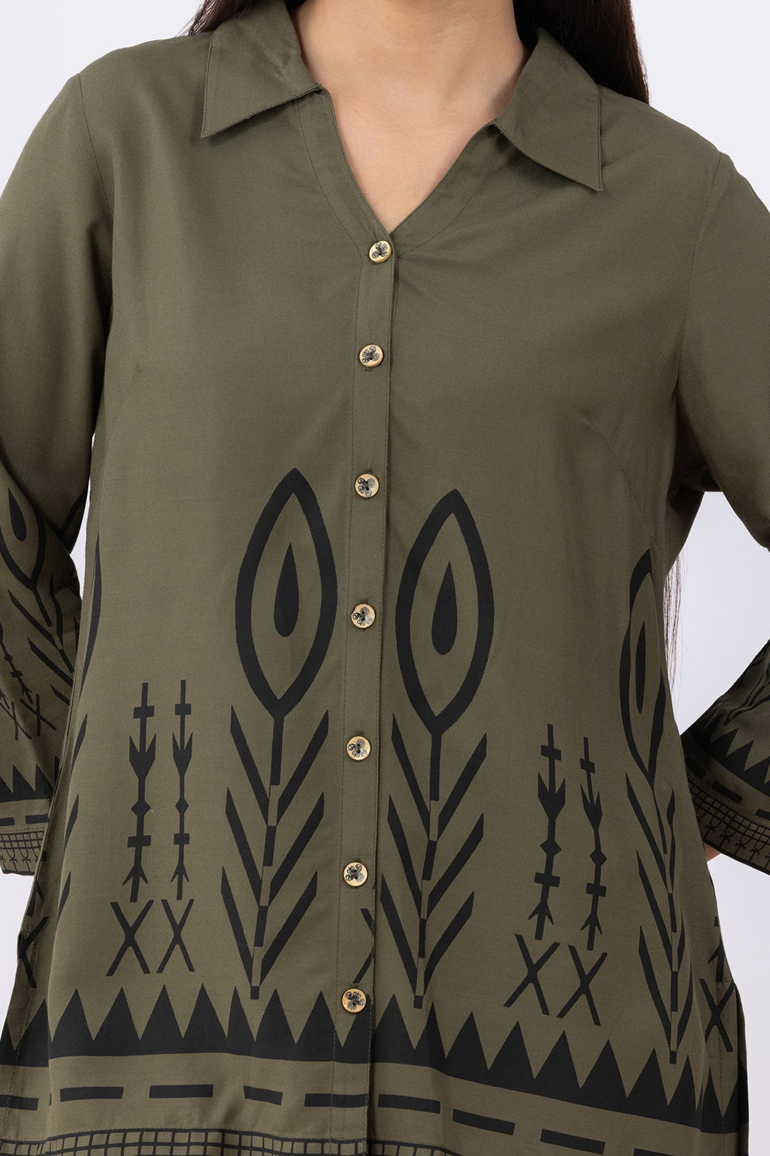 Olive Printed Viscose Shirt with Collar &amp; 3/4 Sleeves