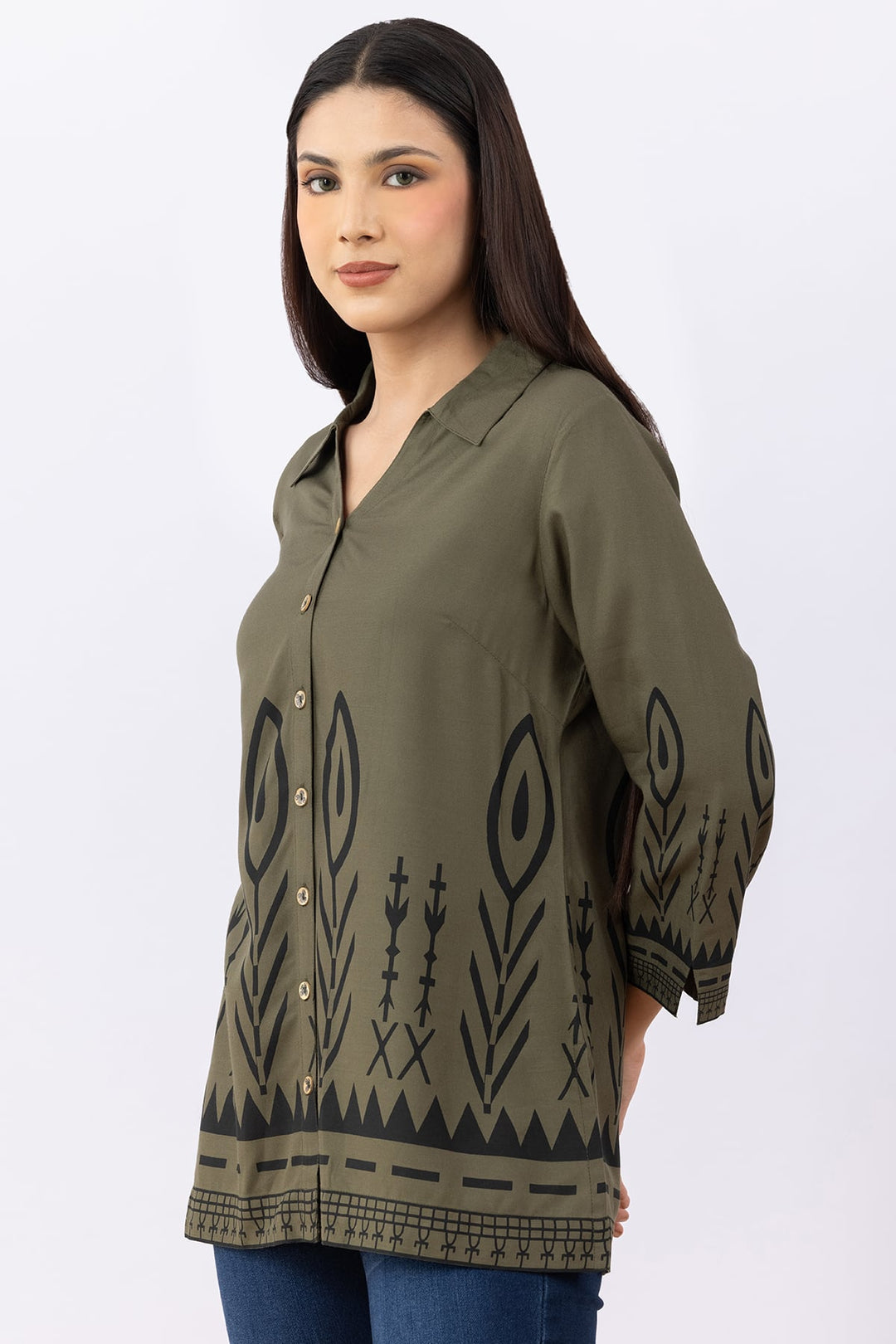 Olive Printed Viscose Shirt with Collar &amp; 3/4 Sleeves