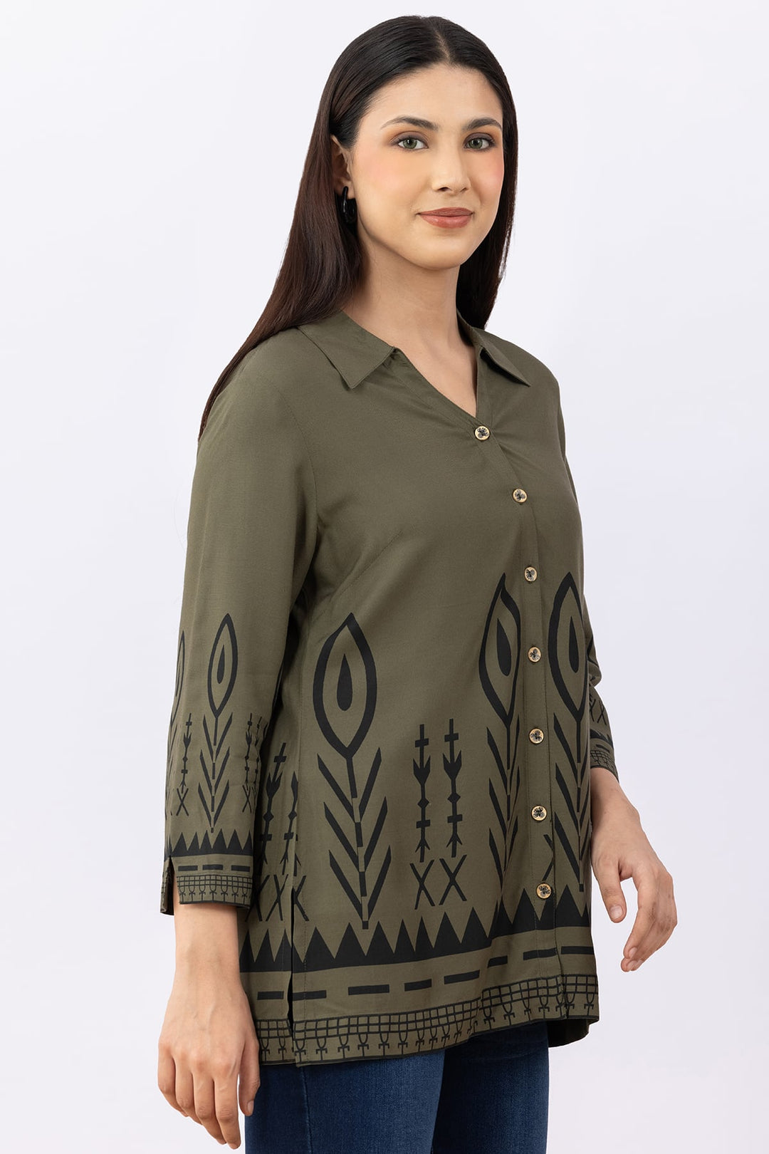 Olive Printed Viscose Shirt with Collar &amp; 3/4 Sleeves