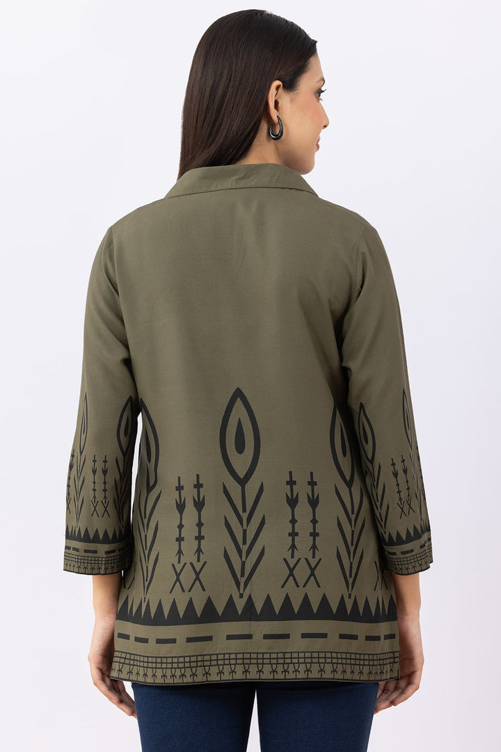 Olive Printed Viscose Shirt with Collar &amp; 3/4 Sleeves