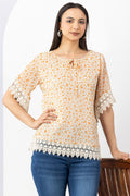 Orange Printed Chiffon Half Sleeve Top with Round Neck