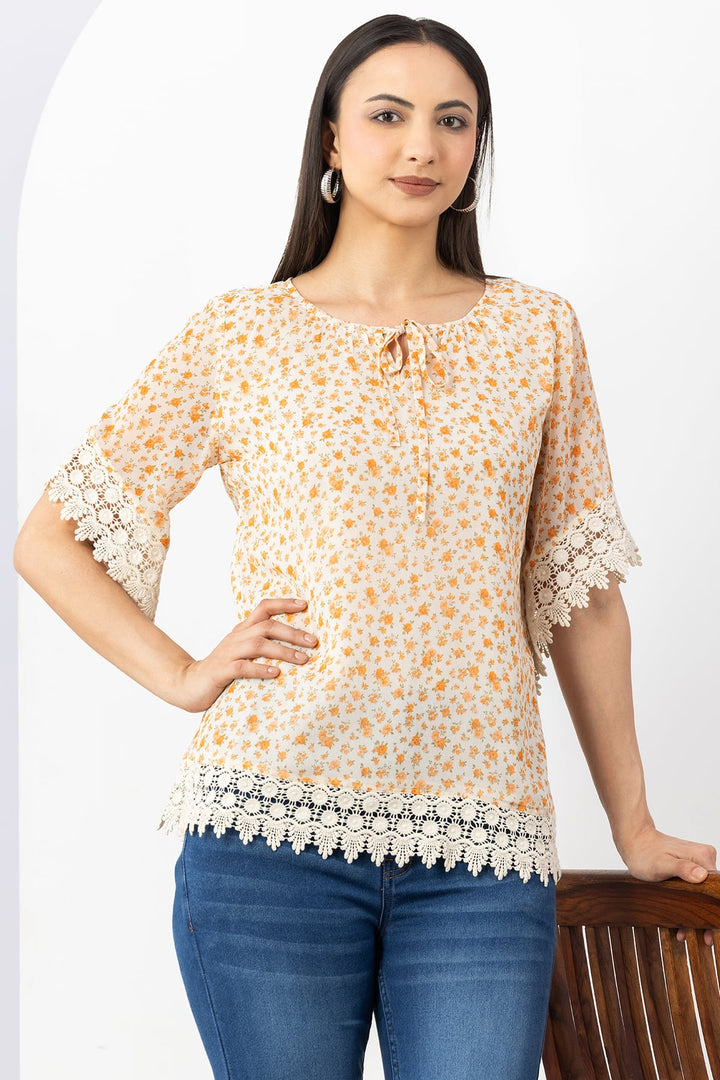 Orange Printed Chiffon Half Sleeve Top with Round Neck