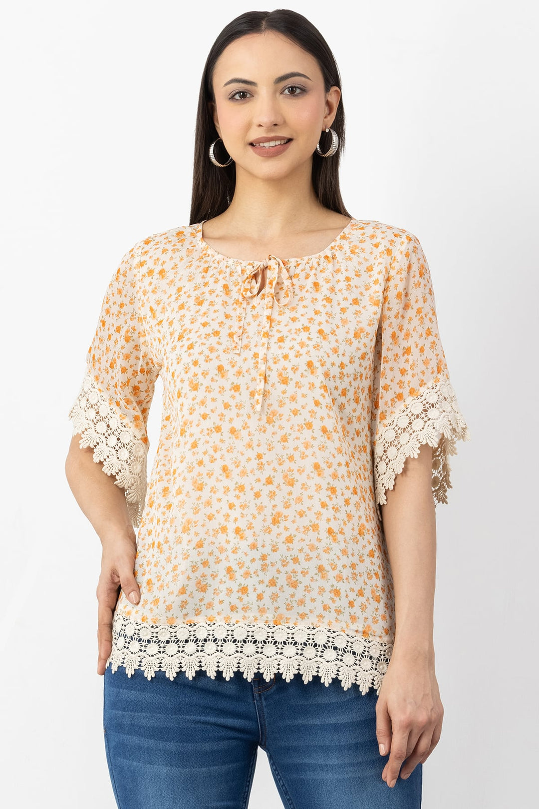 Orange Printed Chiffon Half Sleeve Top with Round Neck