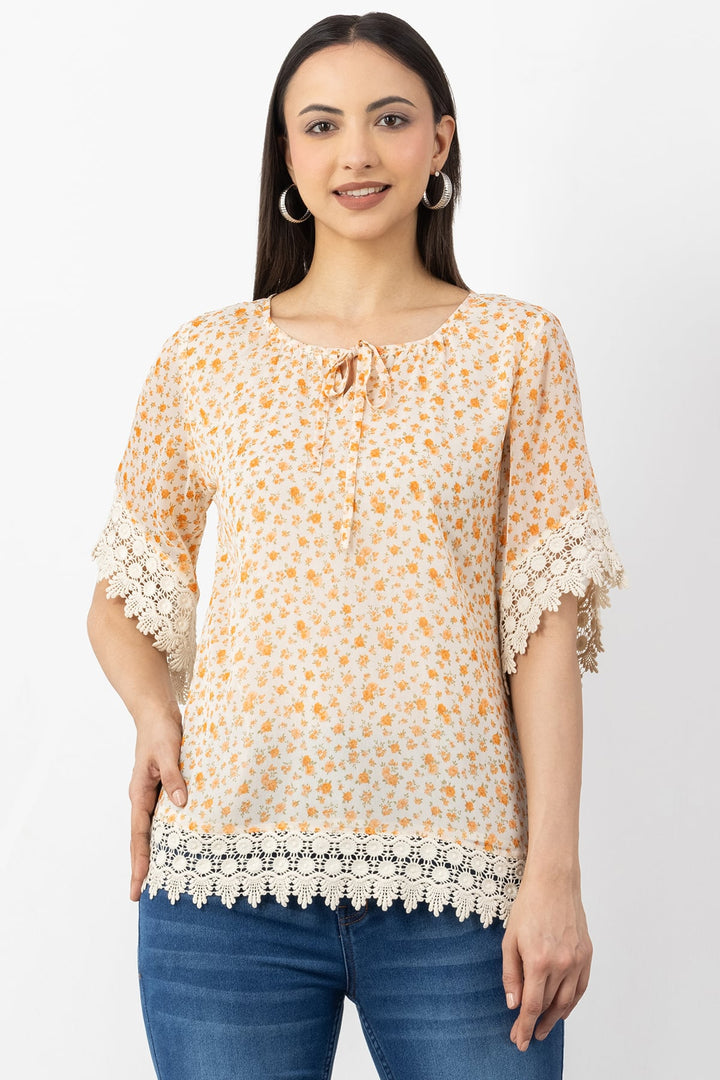 Orange Printed Chiffon Half Sleeve Top with Round Neck
