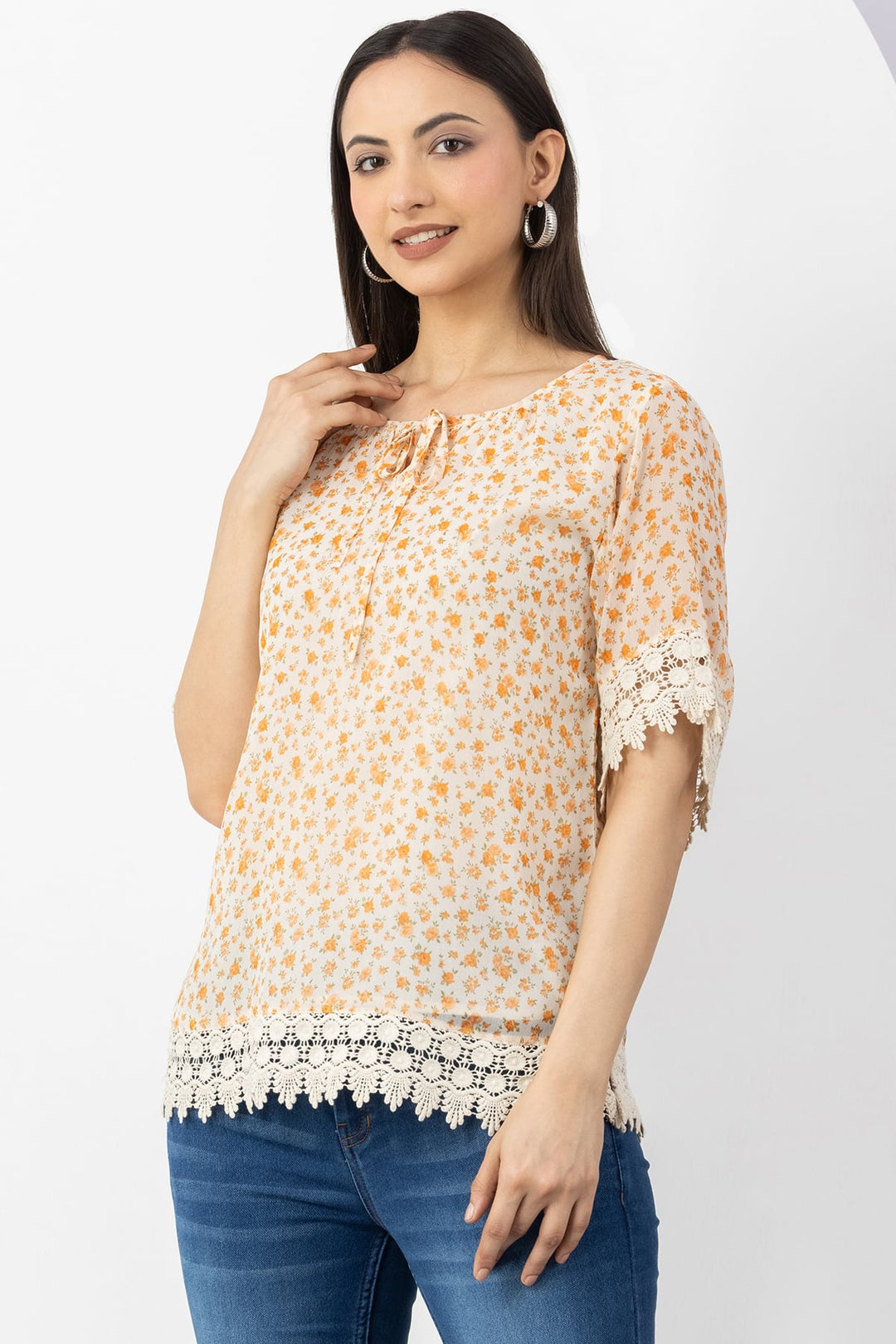 Orange Printed Chiffon Half Sleeve Top with Round Neck
