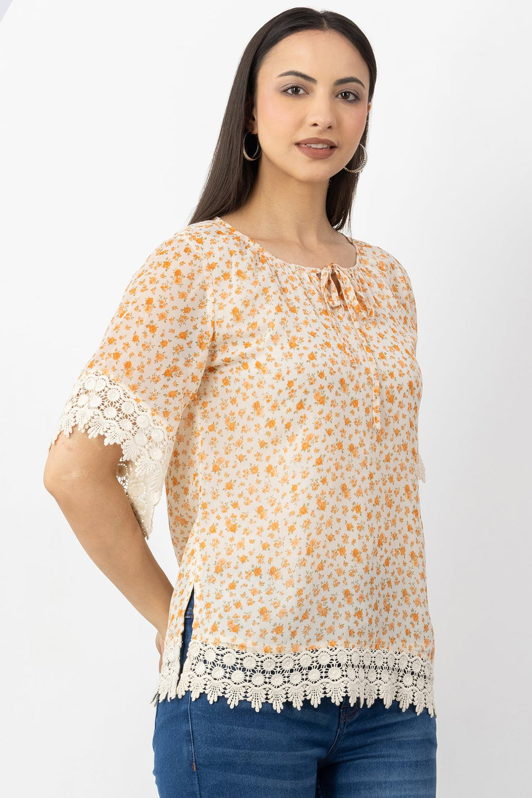 Orange Printed Chiffon Half Sleeve Top with Round Neck