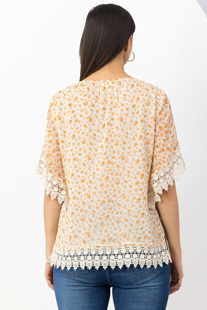 Orange Printed Chiffon Half Sleeve Top with Round Neck