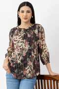 Brown Printed Chiffon Top with Round Neck & 3/4 Sleeves