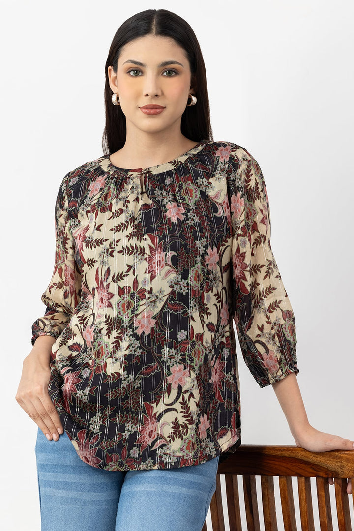 Brown Printed Chiffon Top with Round Neck &amp; 3/4 Sleeves