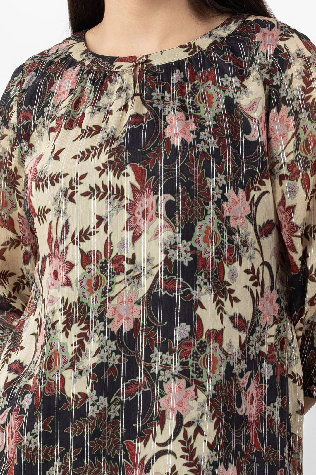 Brown Printed Chiffon Top with Round Neck &amp; 3/4 Sleeves