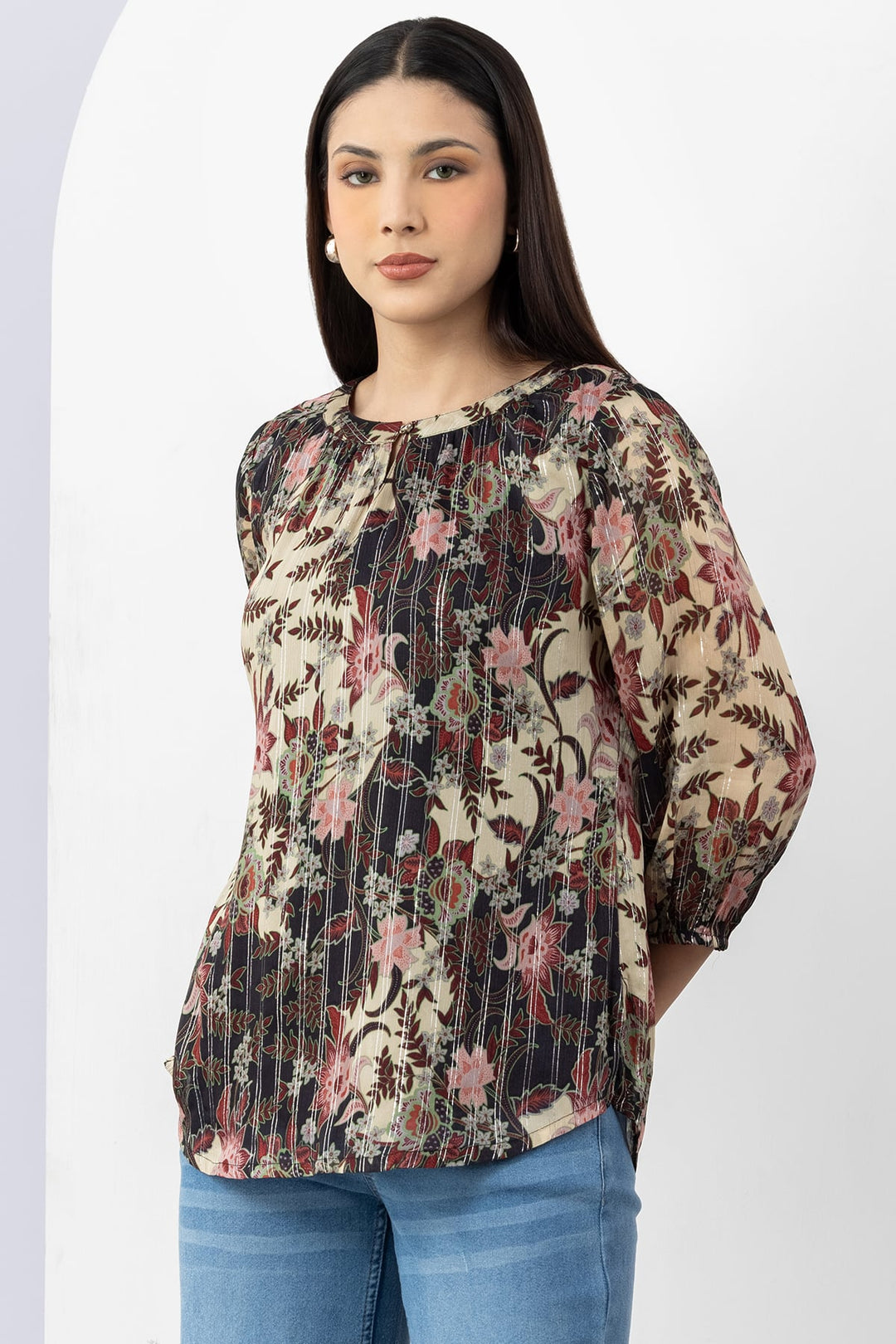Brown Printed Chiffon Top with Round Neck &amp; 3/4 Sleeves