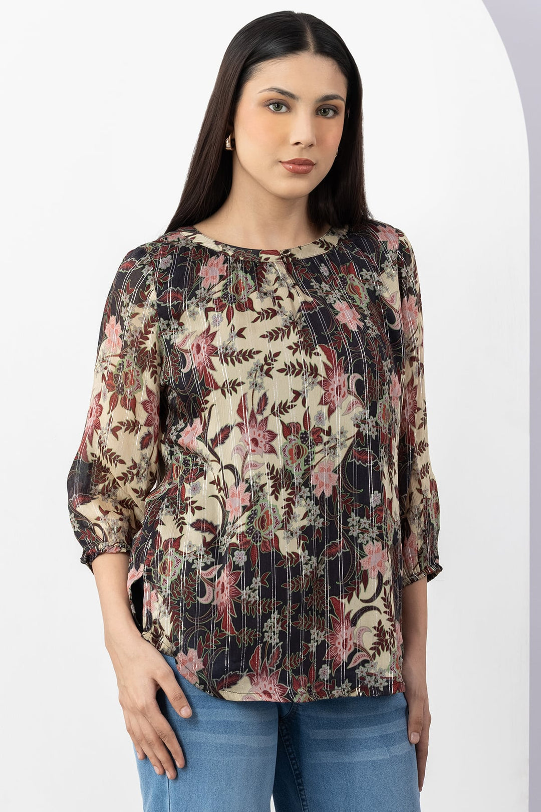 Brown Printed Chiffon Top with Round Neck &amp; 3/4 Sleeves