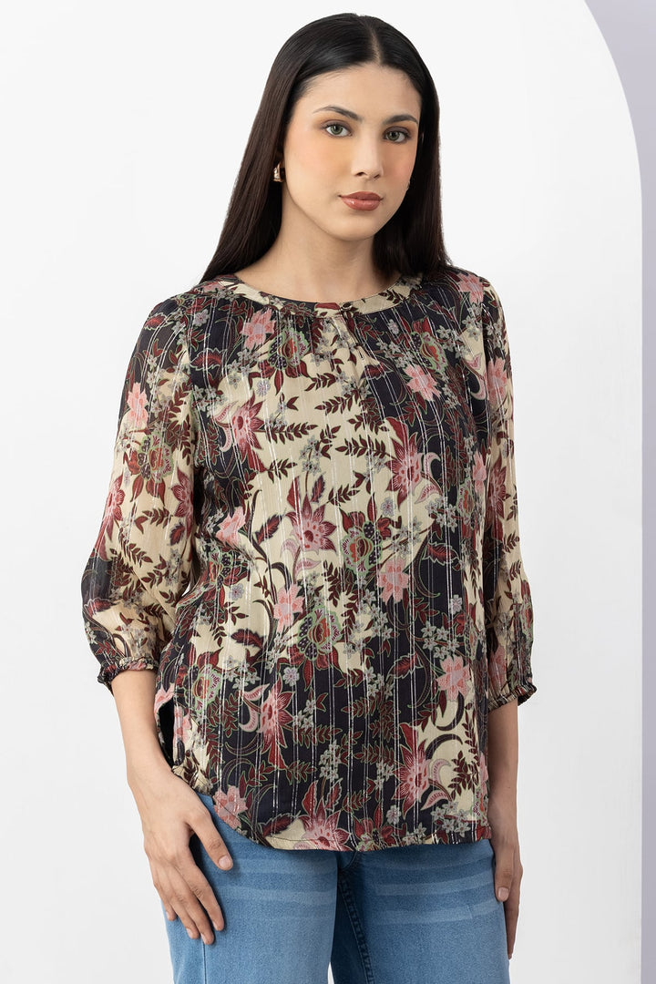 Brown Printed Chiffon Top with Round Neck &amp; 3/4 Sleeves