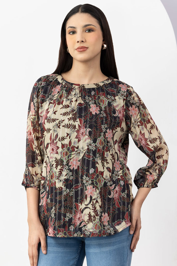Brown Printed Chiffon Top with Round Neck &amp; 3/4 Sleeves