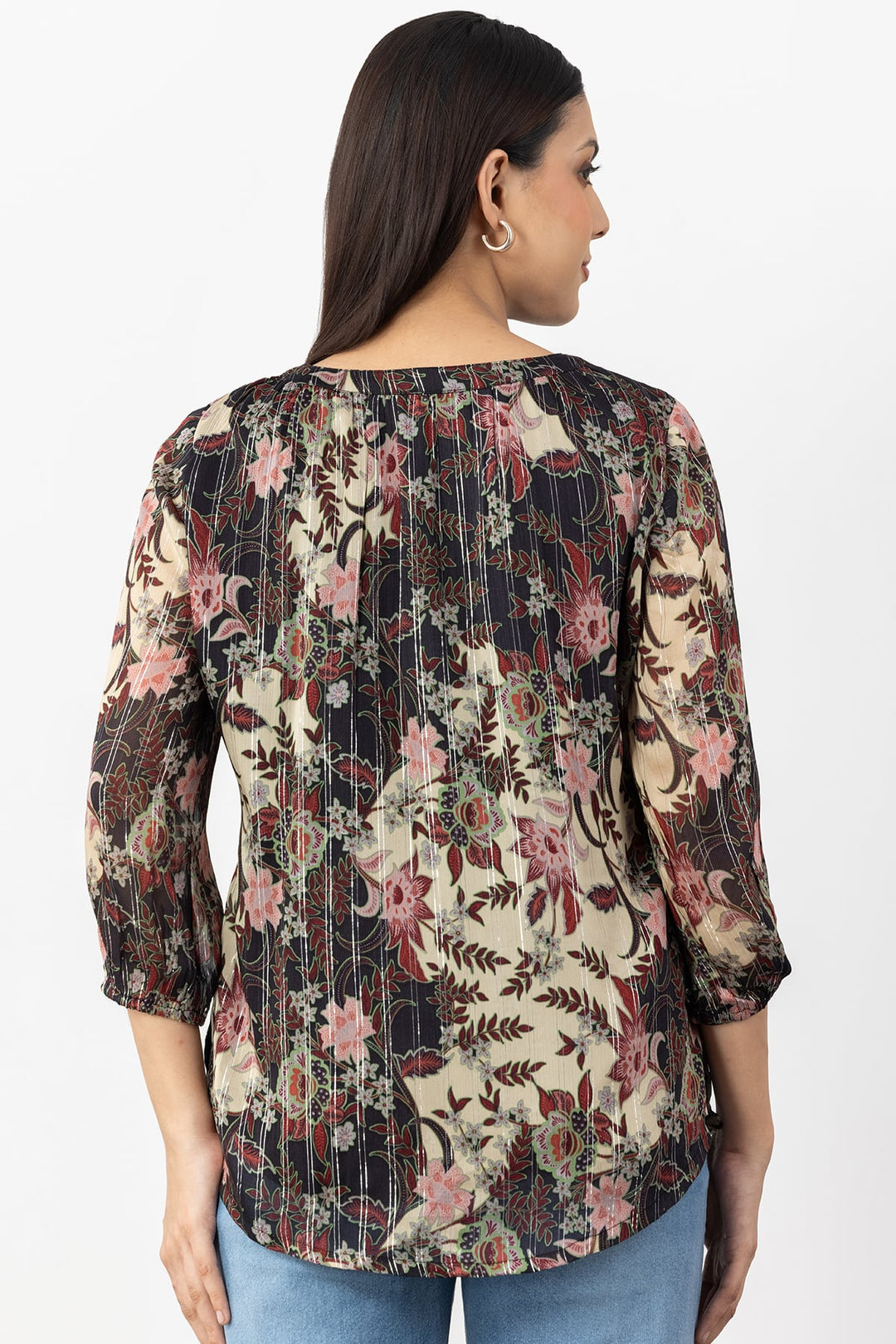 Brown Printed Chiffon Top with Round Neck &amp; 3/4 Sleeves