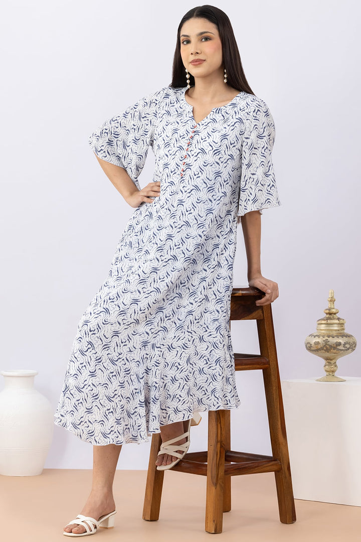 Printed Blue Modal Calci Crepe Dress with Round Neck &amp; Flared Sleeves