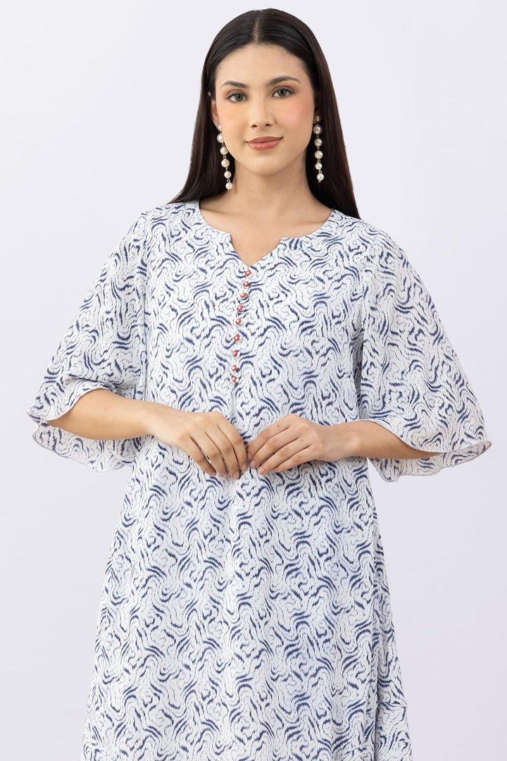 Printed Blue Modal Calci Crepe Dress with Round Neck &amp; Flared Sleeves
