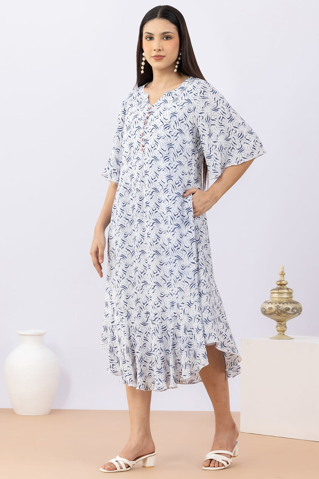 Printed Blue Modal Calci Crepe Dress with Round Neck &amp; Flared Sleeves