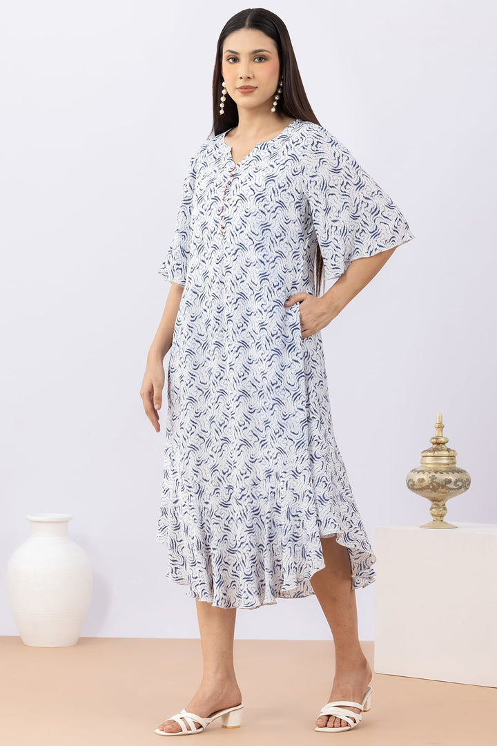 Printed Blue Modal Calci Crepe Dress with Round Neck &amp; Flared Sleeves