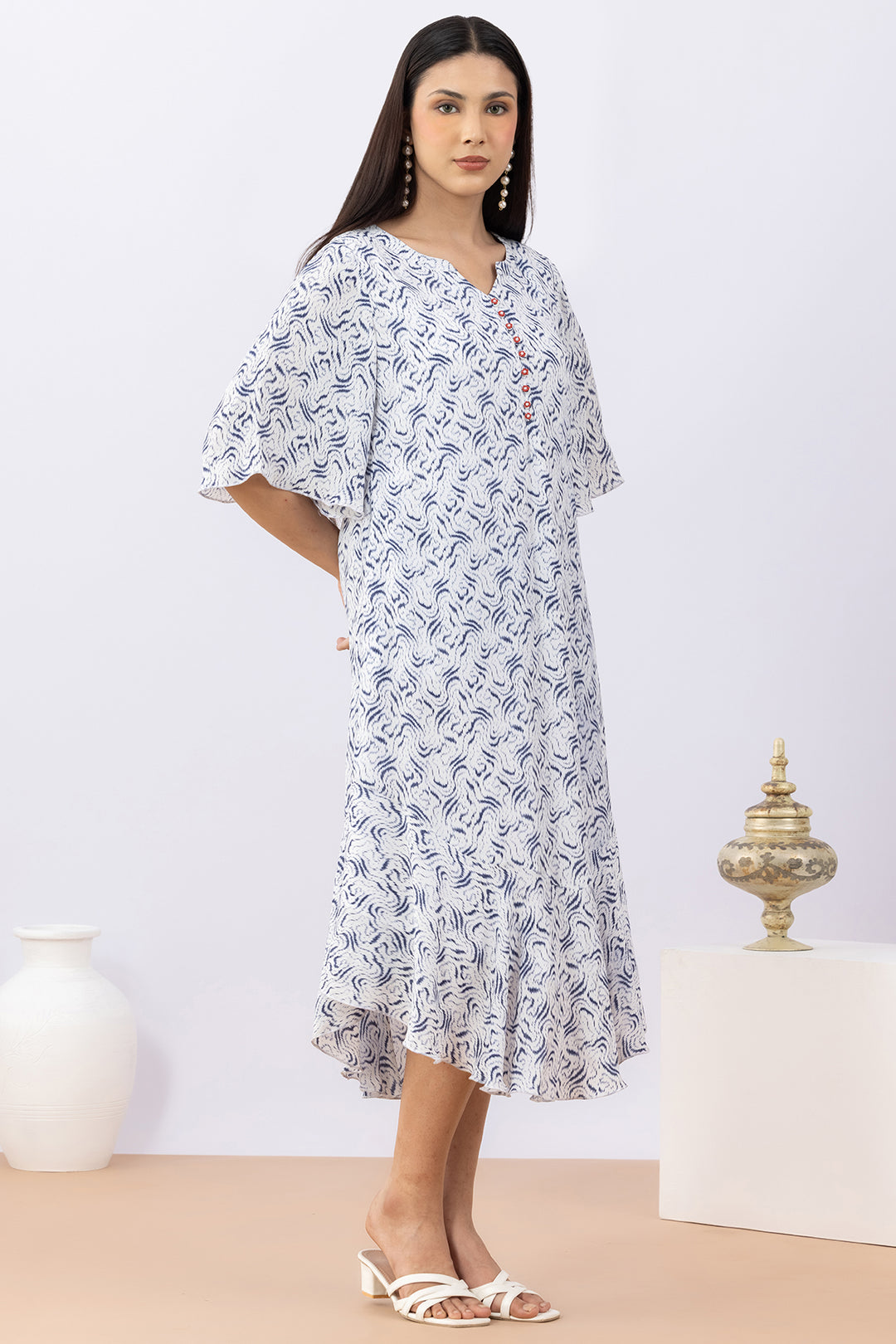 Printed Blue Modal Calci Crepe Dress with Round Neck &amp; Flared Sleeves