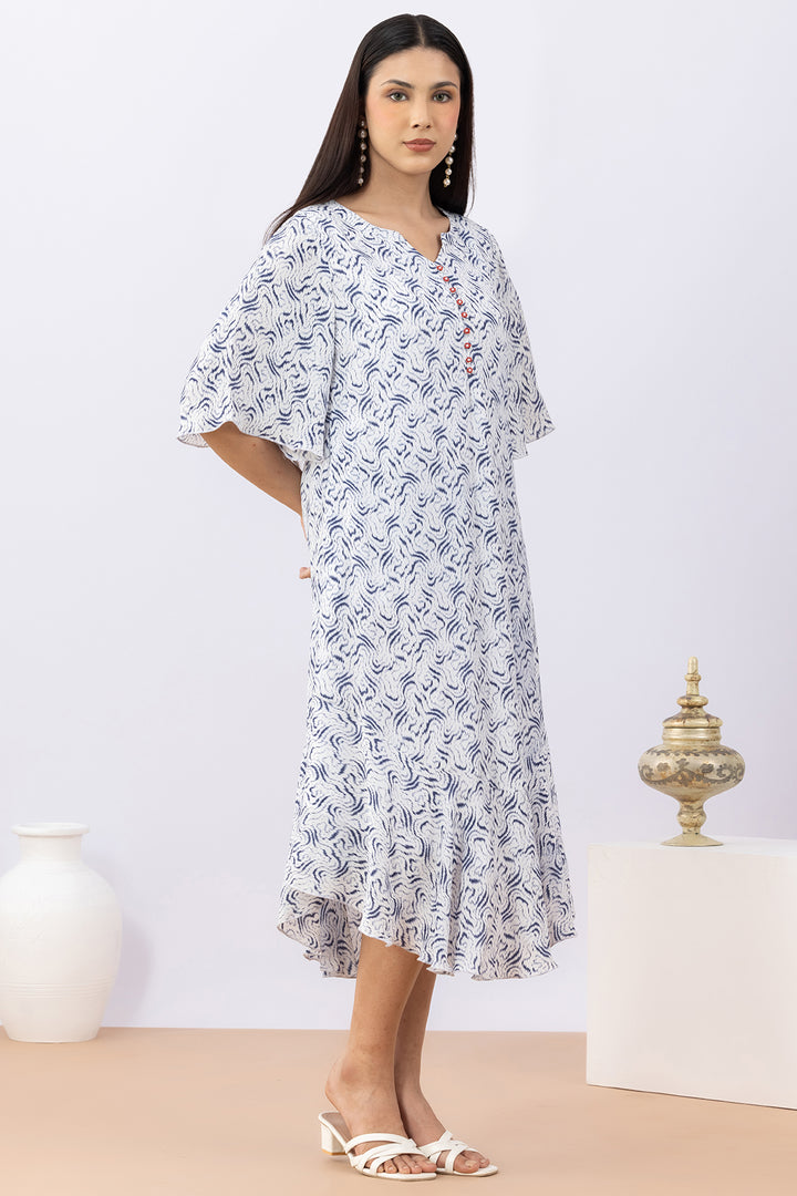Printed Blue Modal Calci Crepe Dress with Round Neck &amp; Flared Sleeves