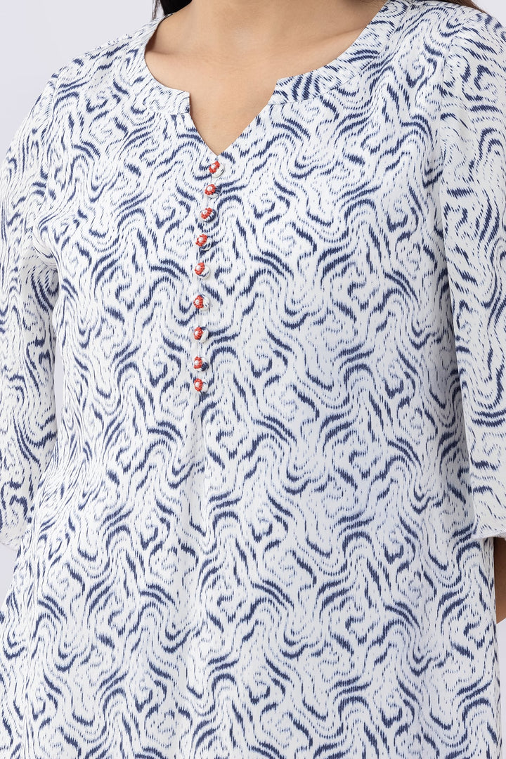 Printed Blue Modal Calci Crepe Dress with Round Neck &amp; Flared Sleeves