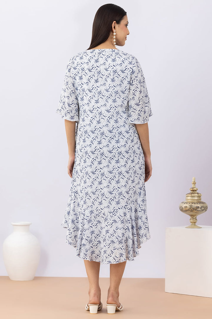 Printed Blue Modal Calci Crepe Dress with Round Neck &amp; Flared Sleeves