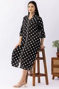 Black Printed Viscose Dress with Collared Neck & 3/4 Sleeves