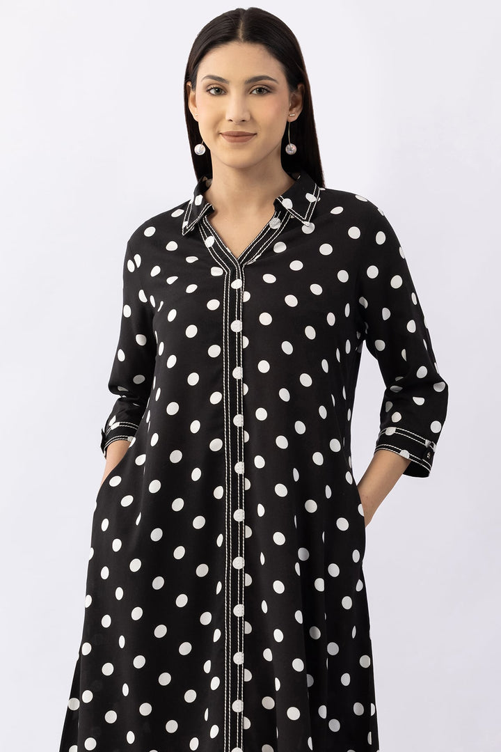 Black Printed Viscose Dress with Collared Neck &amp; 3/4 Sleeves