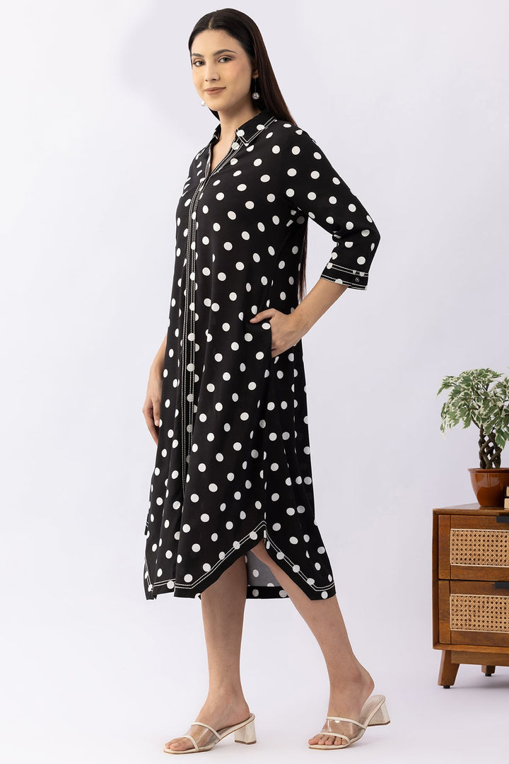 Black Printed Viscose Dress with Collared Neck &amp; 3/4 Sleeves