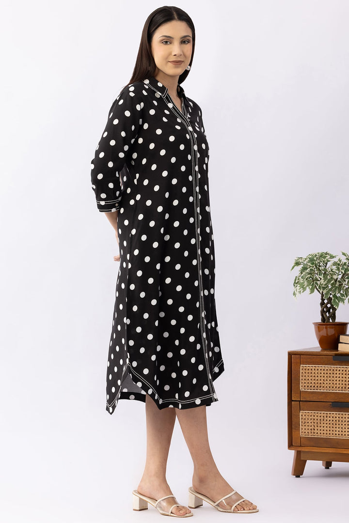 Black Printed Viscose Dress with Collared Neck &amp; 3/4 Sleeves
