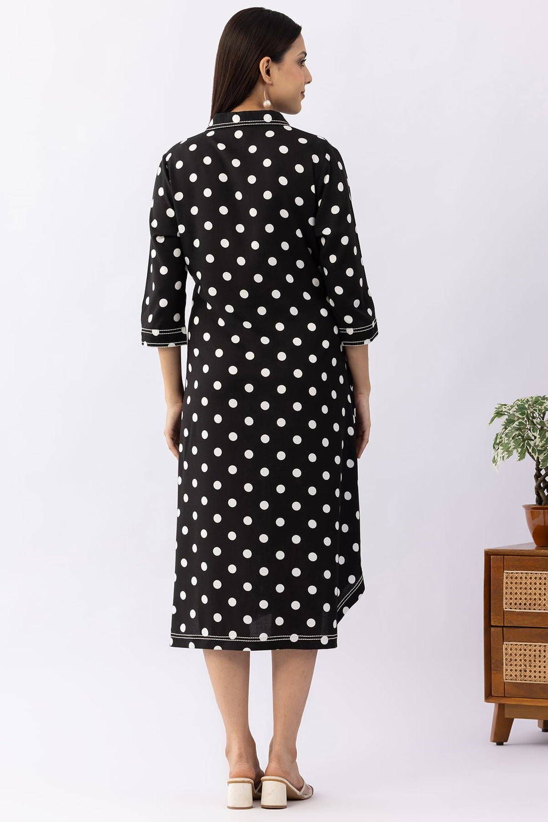 Black Printed Viscose Dress with Collared Neck &amp; 3/4 Sleeves