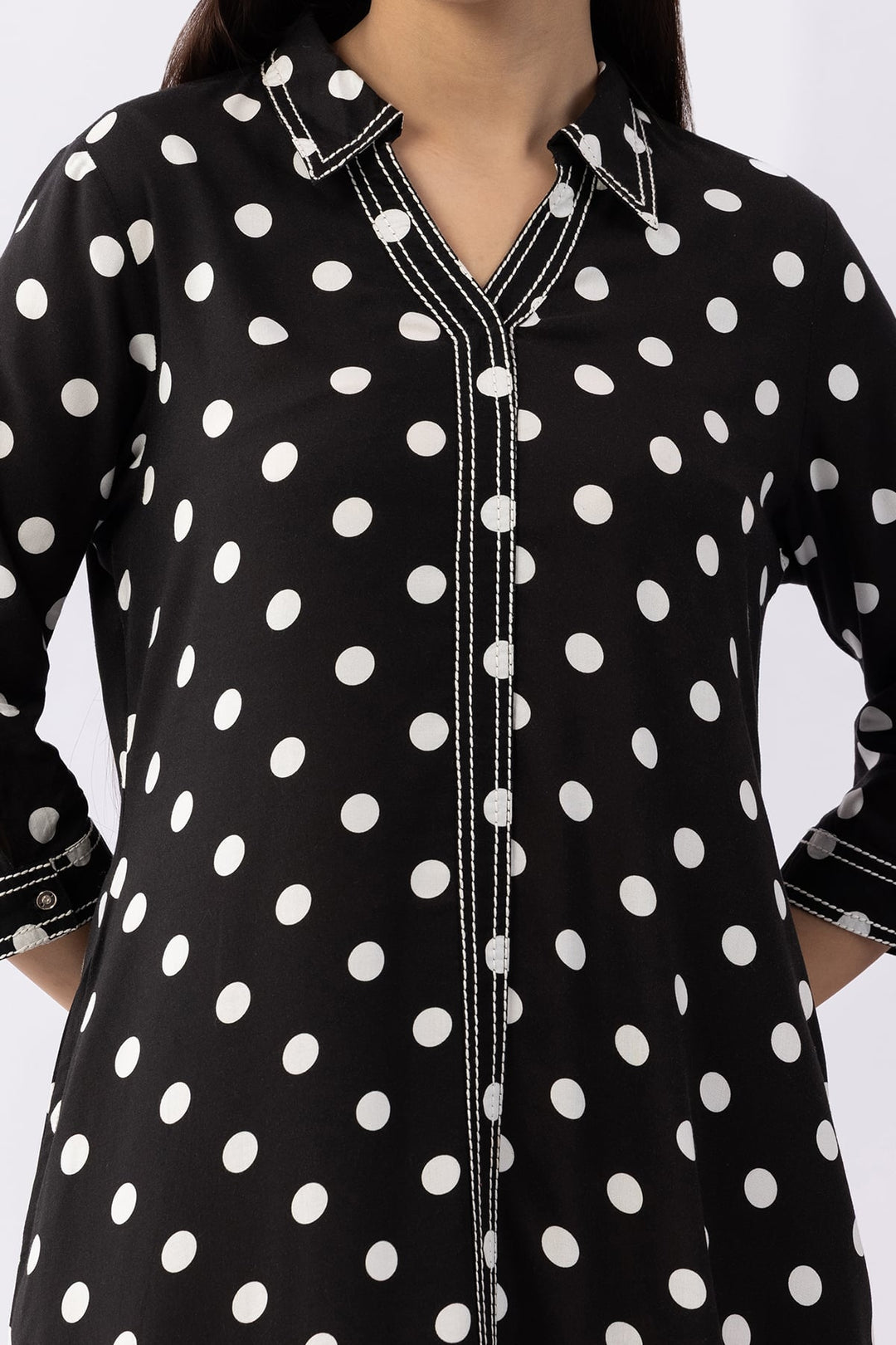 Black Printed Viscose Dress with Collared Neck &amp; 3/4 Sleeves