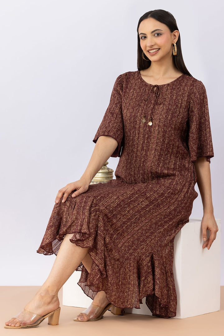 Brown Viscose Bamboo Lurex Dress with Round Neck &amp; 3/4 Sleeves