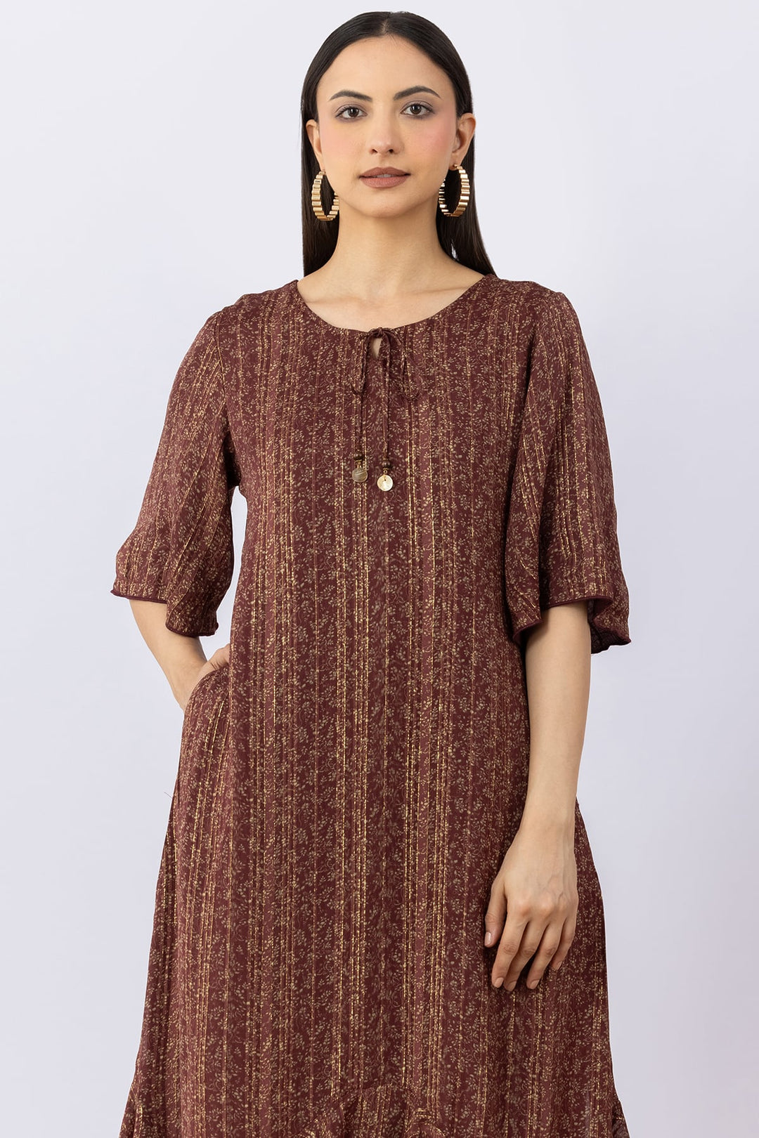 Brown Viscose Bamboo Lurex Dress with Round Neck &amp; 3/4 Sleeves