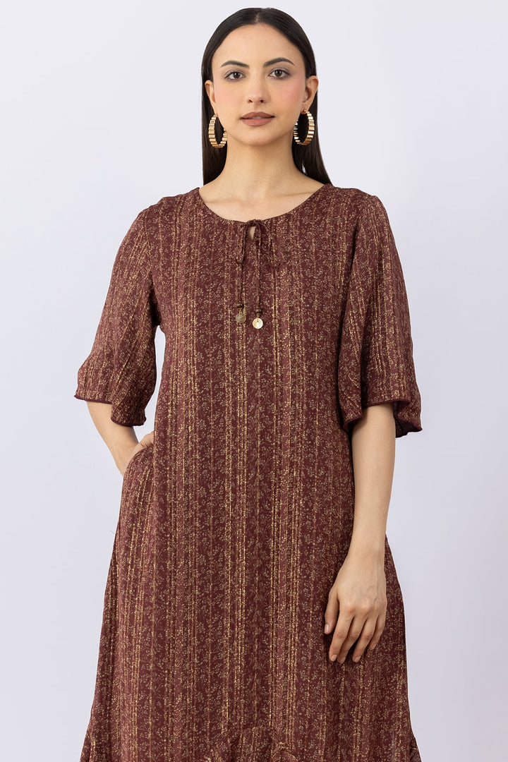 Brown Viscose Bamboo Lurex Dress with Round Neck &amp; 3/4 Sleeves