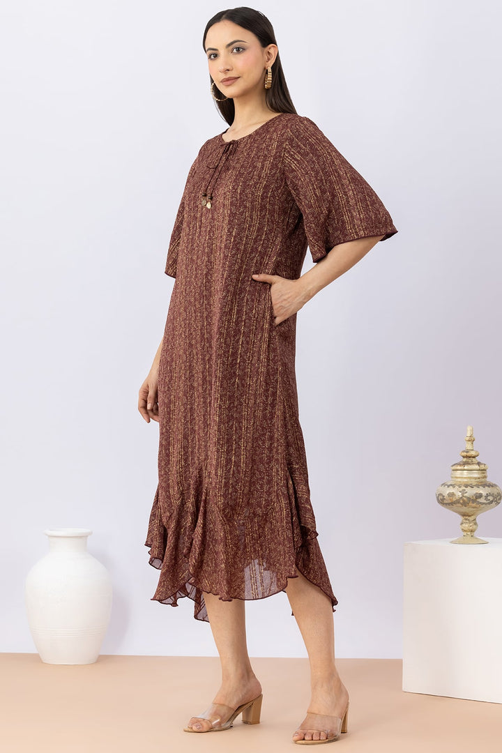 Brown Viscose Bamboo Lurex Dress with Round Neck &amp; 3/4 Sleeves