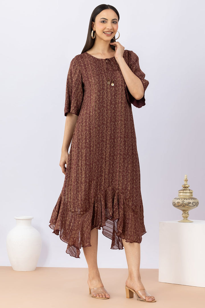 Brown Viscose Bamboo Lurex Dress with Round Neck &amp; 3/4 Sleeves